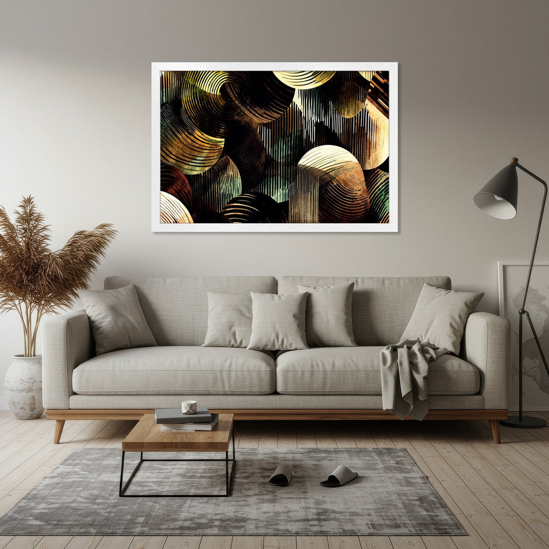 Framed Poster featuring abstract geometric art in earth tones. Enhance your living room with this stylish wall art.