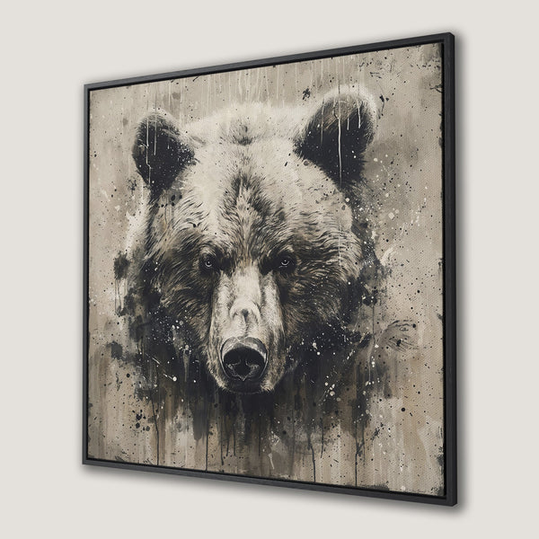 Framed Wall Art: Grizzly bear portrait canvas print in neutral tones. Modern, abstract style artwork for rustic or contemporary decor.