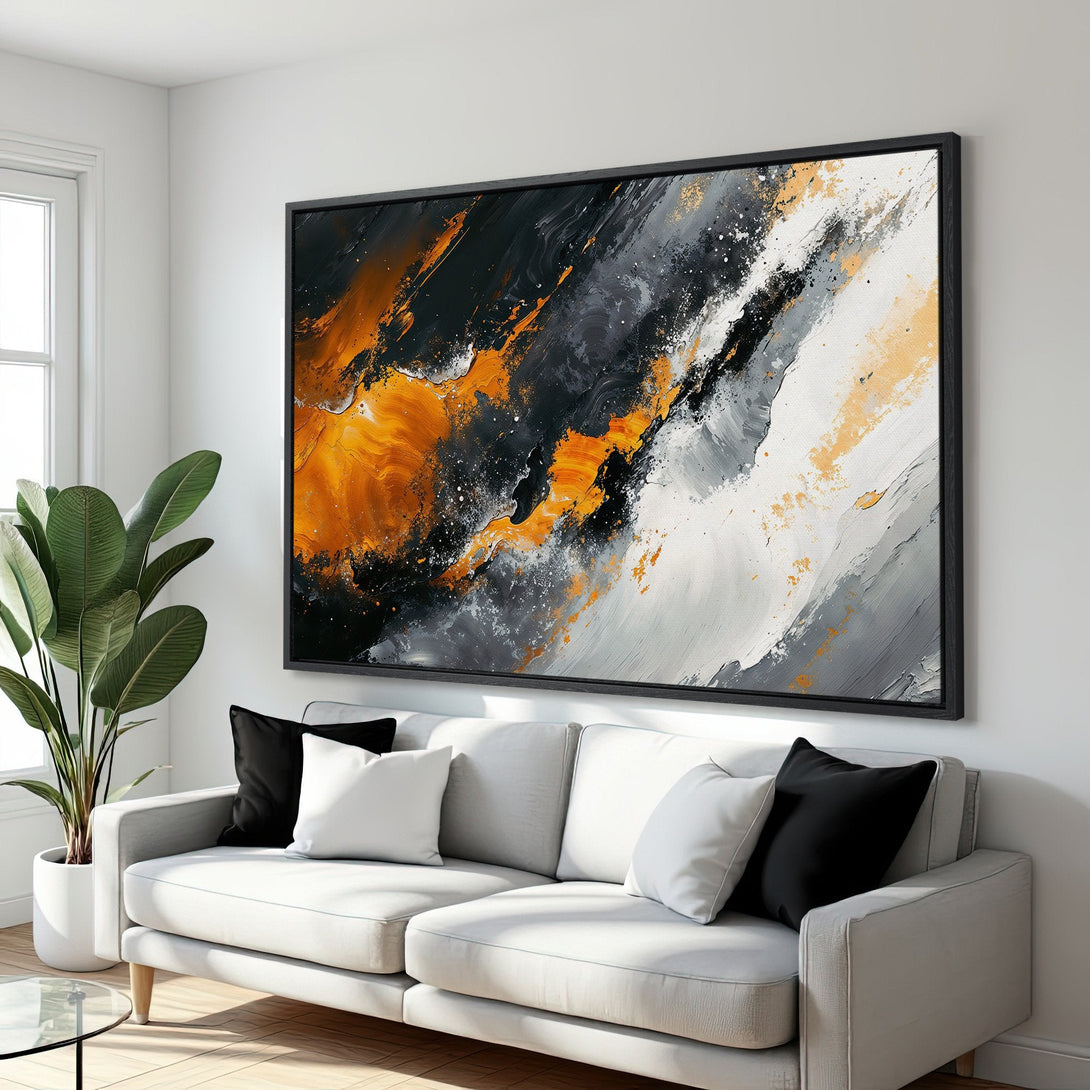 Framed Wall Art: Abstract expressionist painting in black, orange, and gray. Modern art canvas print adds a stylish touch to any space.