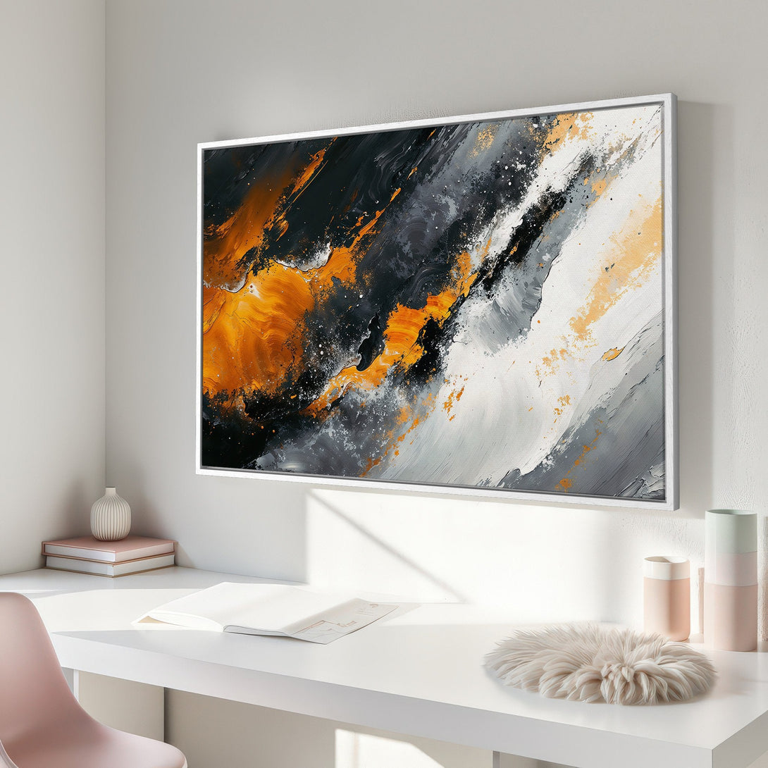 Framed Wall Art: Abstract expressionist canvas print in black, orange, and gray tones. Modern art for home decor.