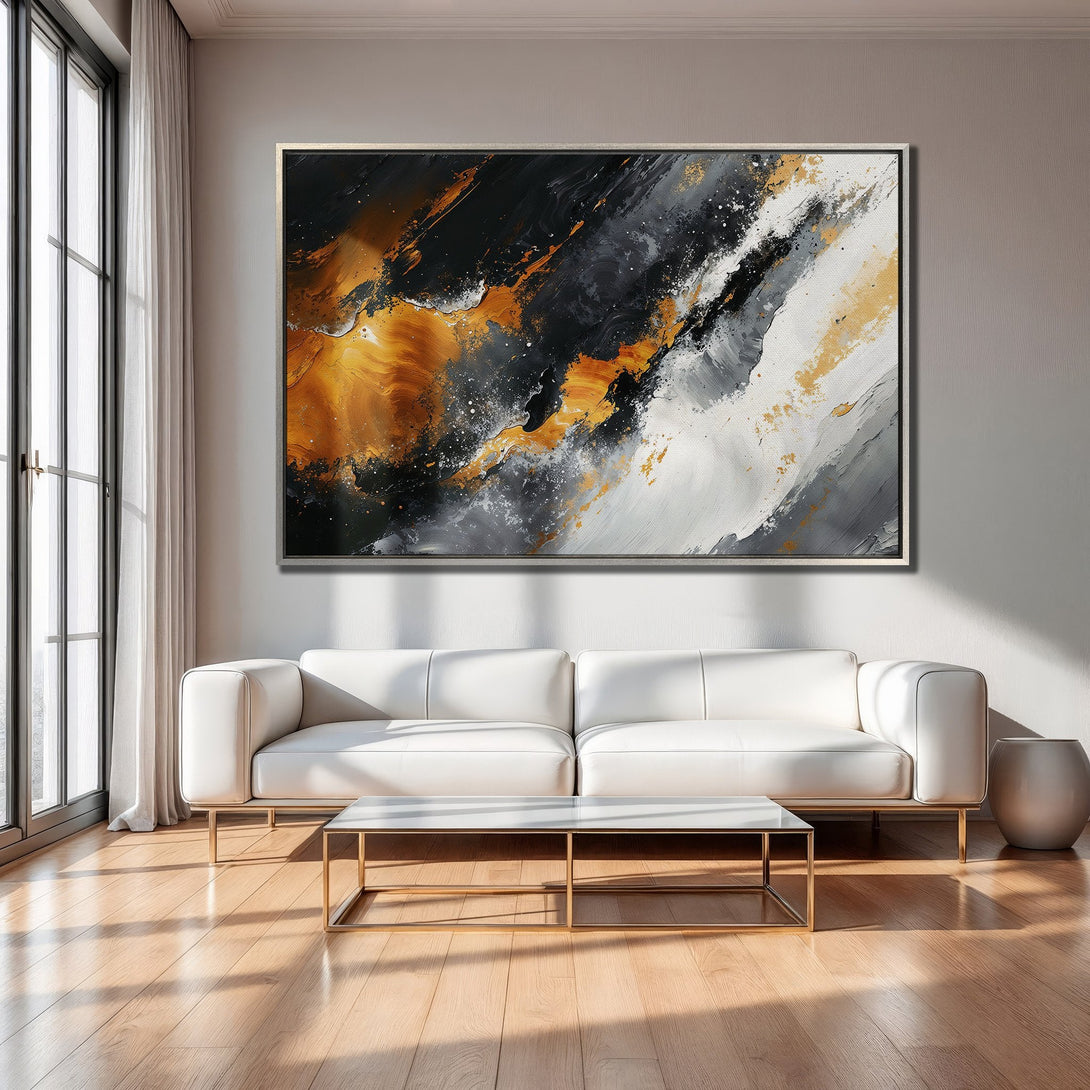 Framed Wall Art: Abstract expressionist painting in black, gold, and gray. Stunning Canvas Print adds modern art to your living room.