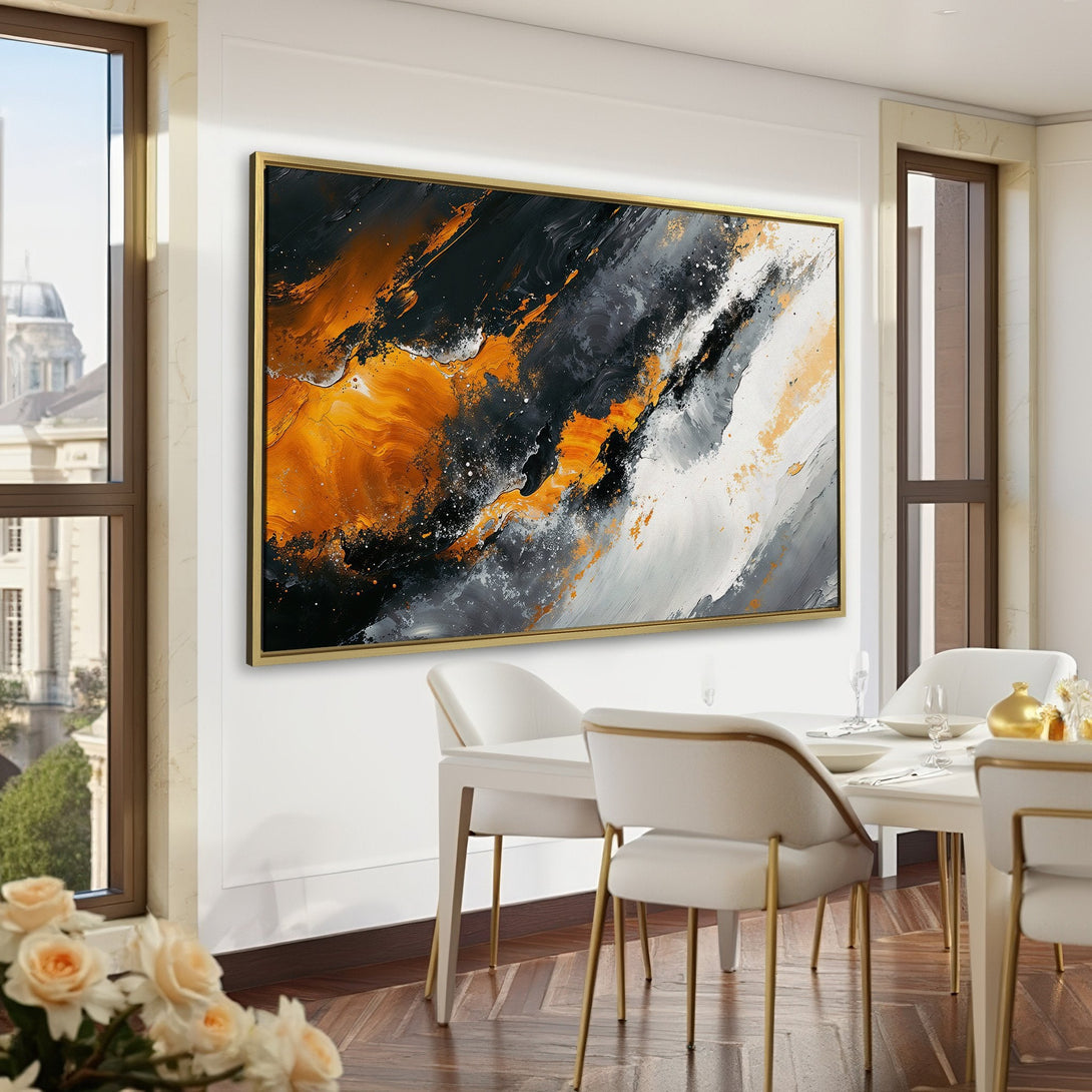 Abstract Canvas Print in a modern interior. Features a bold black, gold, and gray color palette. Elevate your space with this stunning wall art.