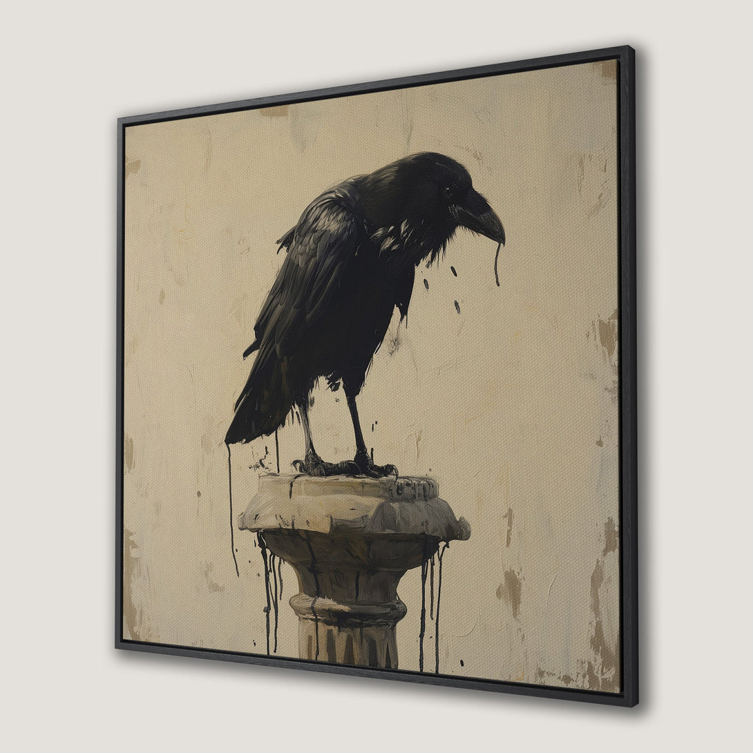 Framed Wall Art: Moody raven painting in black and beige tones. Stylish canvas print for modern home decor. Add a touch of dark elegance.