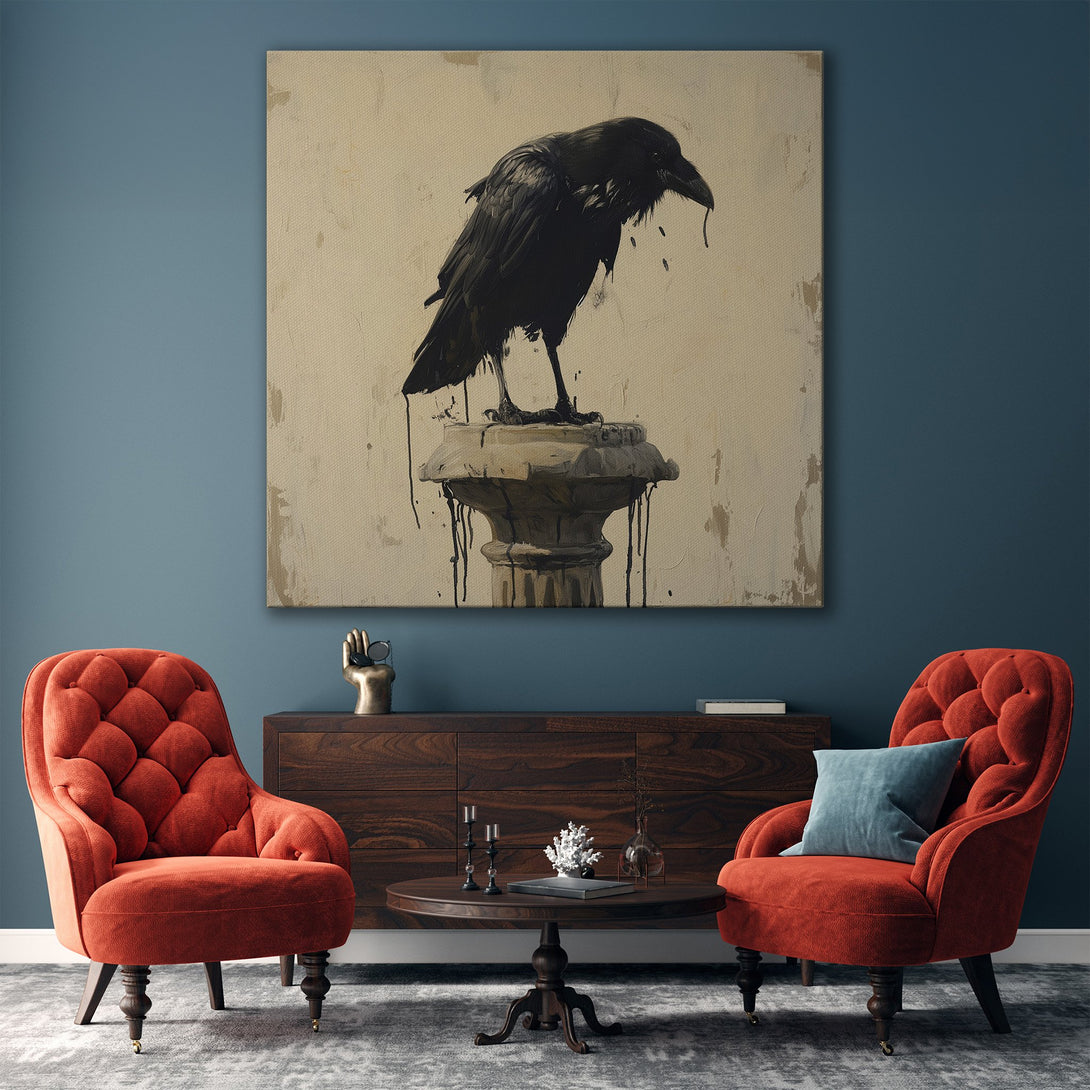 Framed Wall Art featuring a black raven on a pedestal, displayed in a modern living room. Neutral color palette with gold accents, adding a touch of elegance.