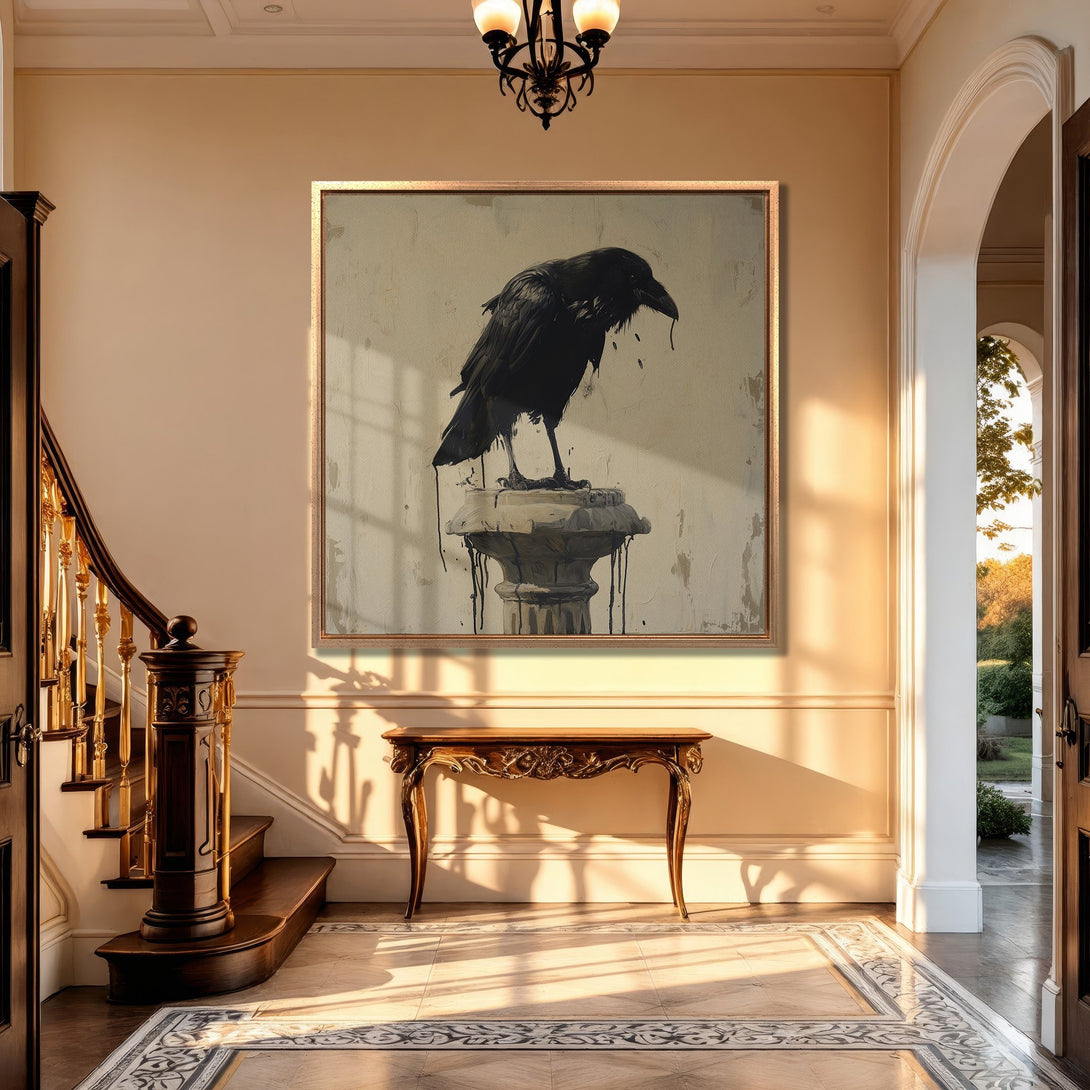 Framed Wall Art: Black raven canvas print in a neutral interior. Modern art with a dark, moody aesthetic. Perfect for living rooms & entryways.