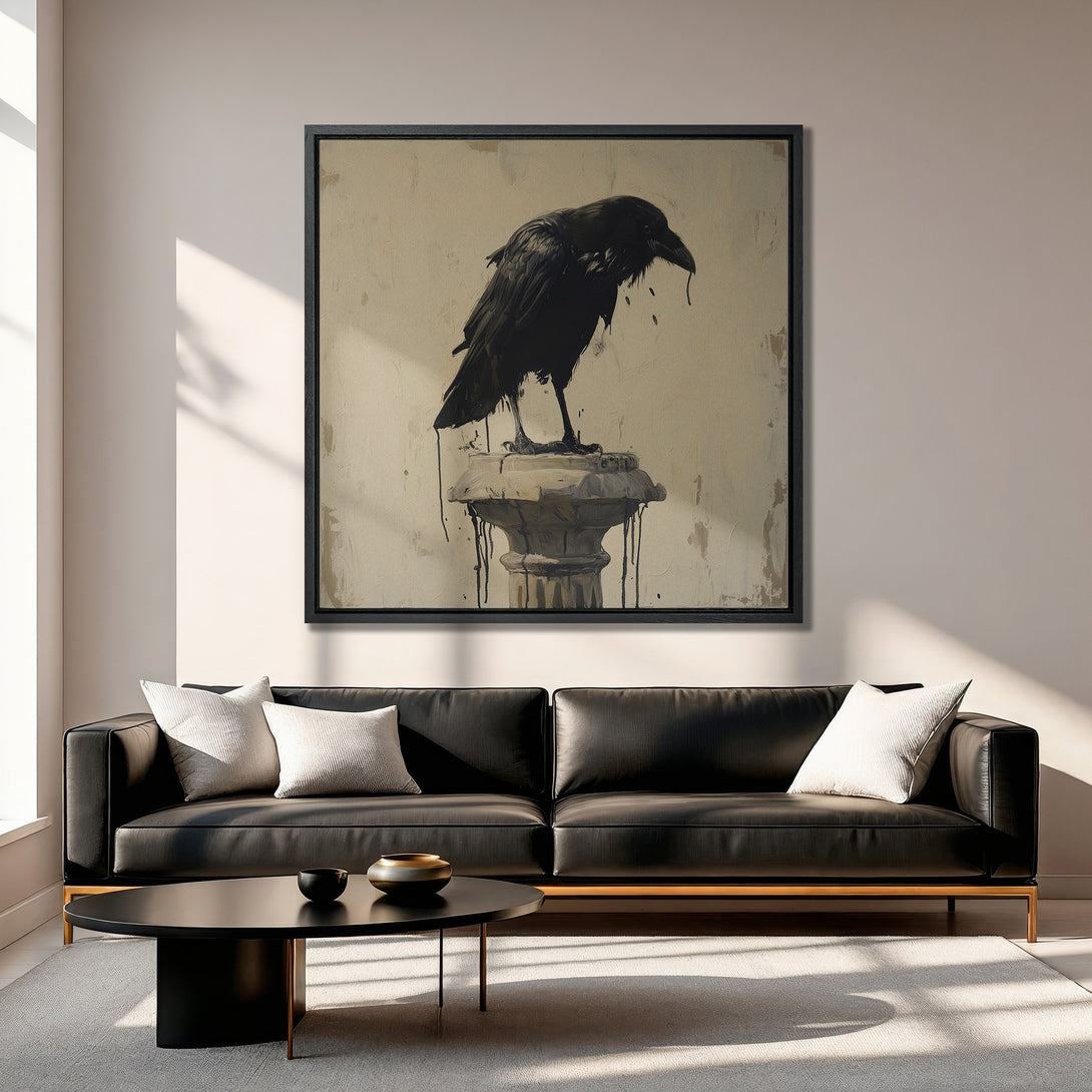 Framed Wall Art featuring a striking black raven, painted in a modern style. Neutral color palette complements any decor. Elevate your space with this unique artwork!