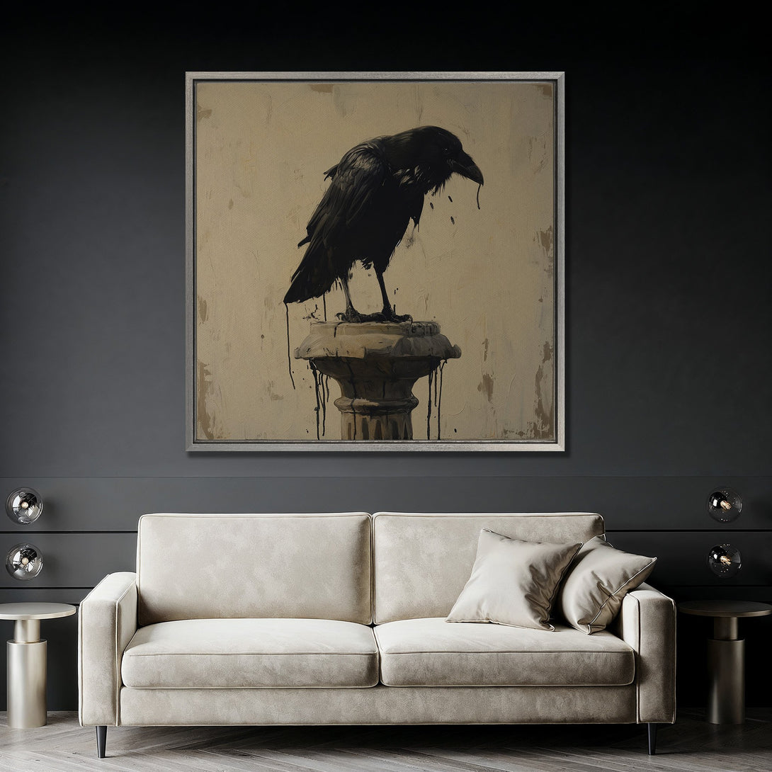 Framed Wall Art: Black raven painting in modern style with neutral color palette. Perfect for living room decor. Shop now!