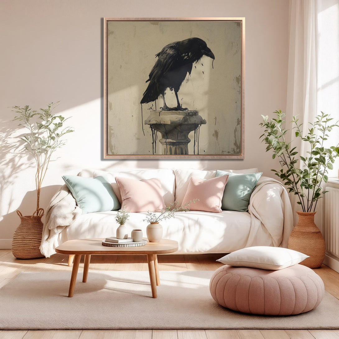 Framed Wall Art featuring a black raven painting in a neutral, modern living room. Warm, earthy tones and a touch of drama for stylish home decor.
