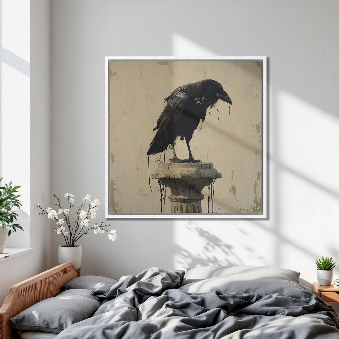 Framed Wall Art featuring a dramatic black raven on a pedestal. Modern, minimalist style with neutral beige and black color palette. Perfect bedroom decor.