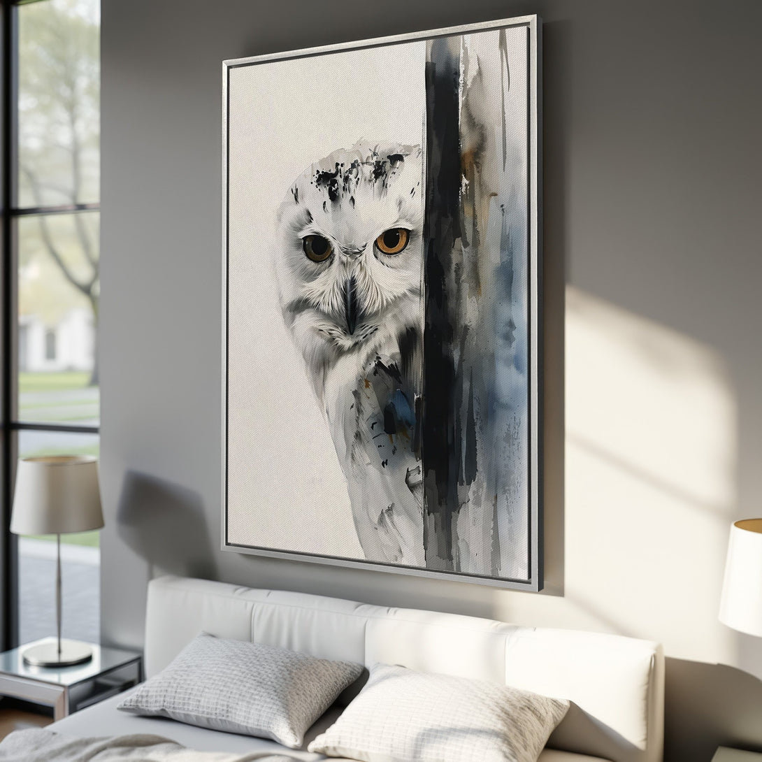 Framed Wall Art featuring a watercolor owl in a neutral palette. Enhance your home decor with this stunning Canvas Print!
