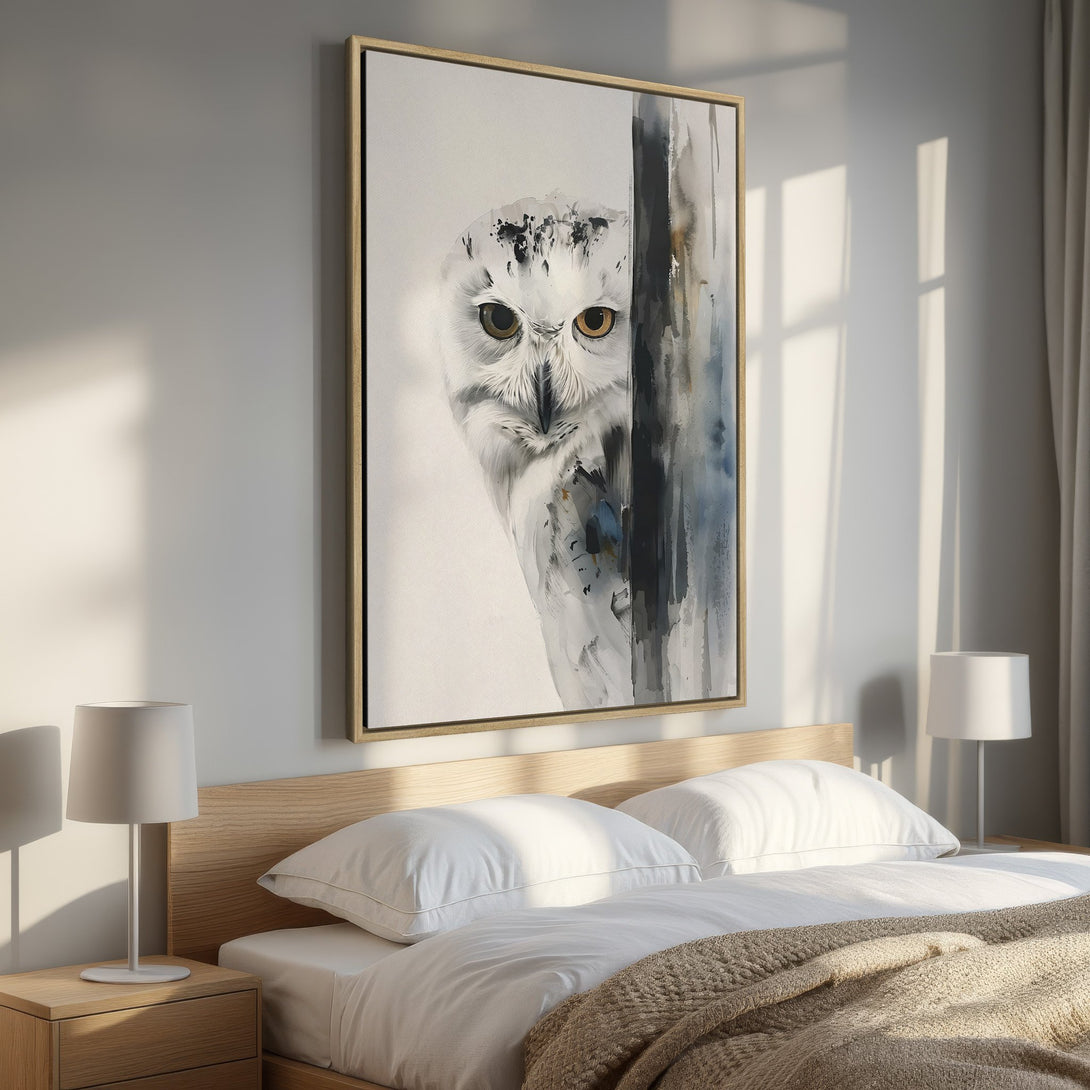 Framed Wall Art: Watercolor owl print in neutral tones. Modern bedroom decor with a minimalist style. Perfect for adding a touch of nature to your space.