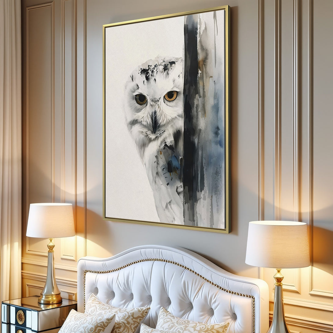 Canvas Print of a watercolor owl in a minimalist interior. Features a neutral color palette with shades of white, gray, and brown. Perfect wall art!