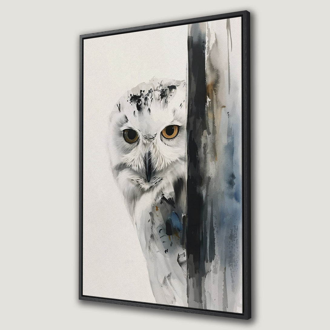 Framed Wall Art: Watercolor owl print in neutral tones. Modern canvas art featuring a snowy owl with a black frame. Perfect for home decor.