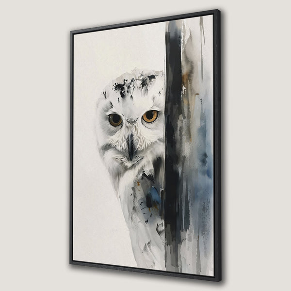 Framed Wall Art: Watercolor owl print in neutral tones. Modern canvas art featuring a snowy owl with a black frame. Perfect for home decor.