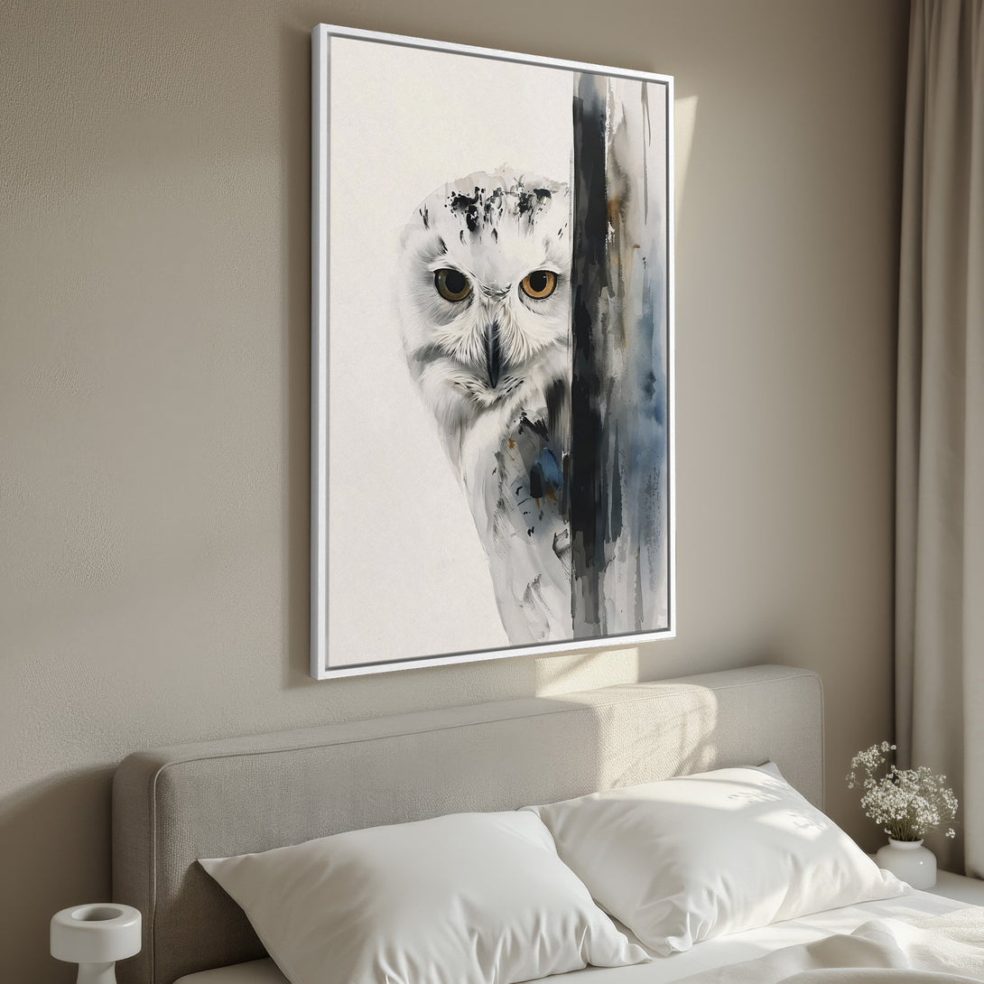 Framed Wall Art featuring a watercolor owl in neutral tones. Perfect for adding a touch of nature and elegance to your bedroom decor.