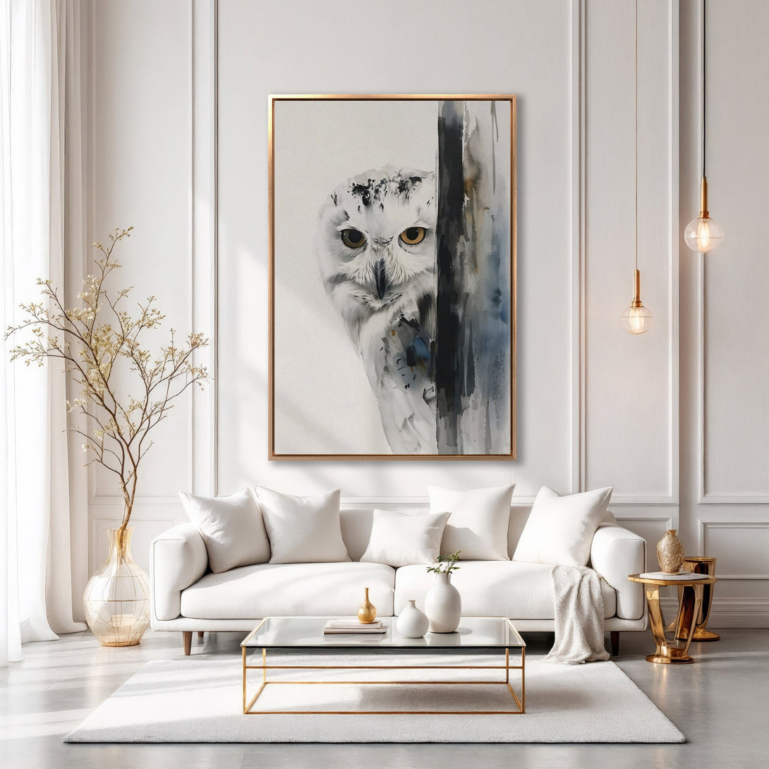 Watercolor Canvas Print of an owl in a modern living room. Soft, neutral color palette with gold accents. Perfect wall art for any home.