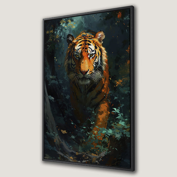 Framed Wall Art: Stunning tiger art print in a dark, painterly style. Featuring a vibrant orange and teal color palette, perfect for adding drama to any room.