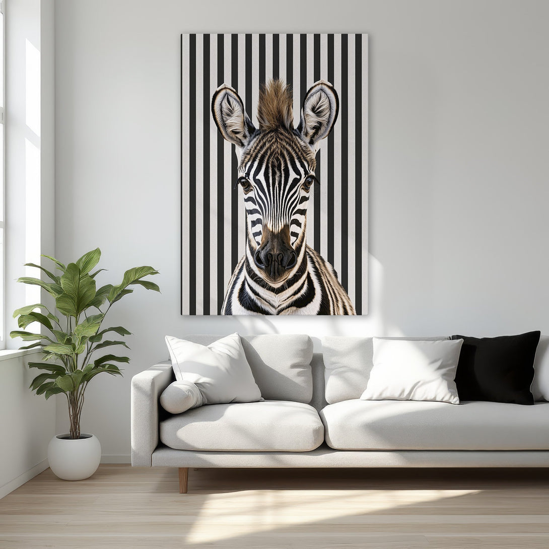 Framed Wall Art: Zebra portrait on striped background. Modern black and white canvas print with gold frame, perfect for stylish home decor.