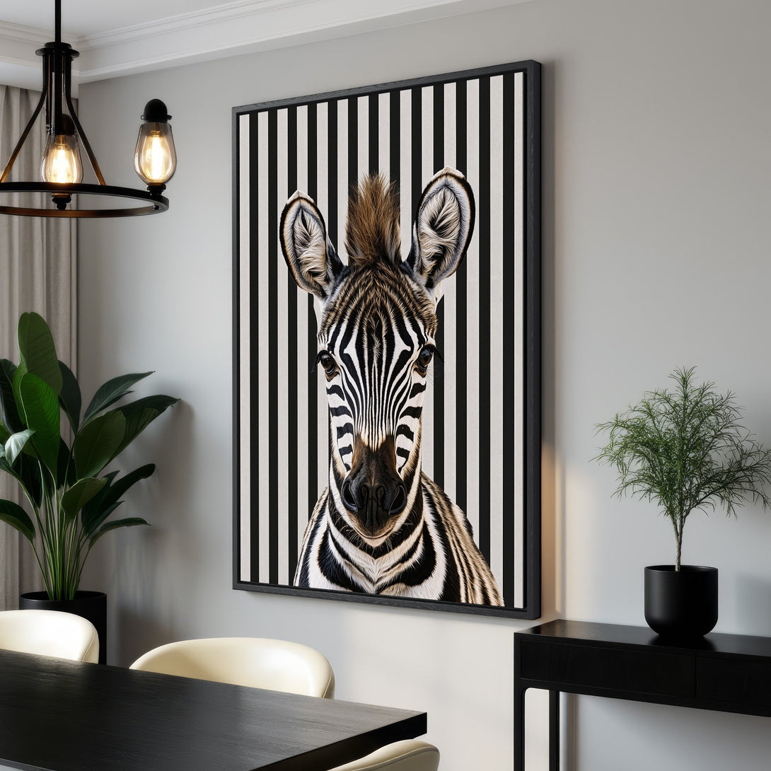 Framed Wall Art featuring a striking zebra portrait in black and white, perfect for adding a modern, bold statement to any room.