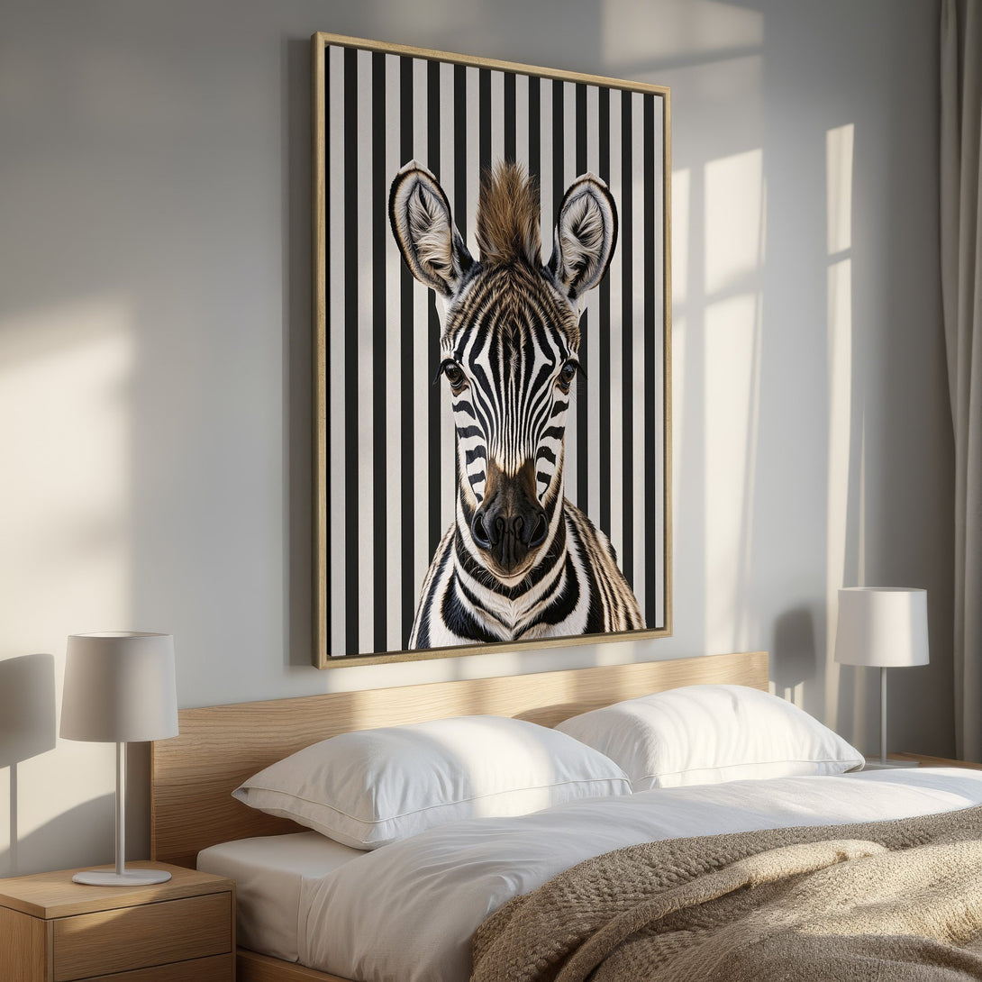 Framed Wall Art: Zebra portrait with black and white stripes, modern decor. Neutral color palette adds a touch of wild elegance to any bedroom.