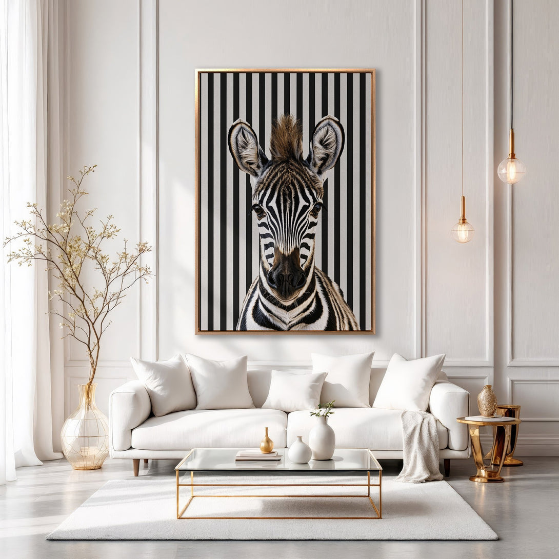 Framed Wall Art: Stylish zebra portrait in a modern interior. Black and white animal print canvas with gold accents, perfect for contemporary decor.