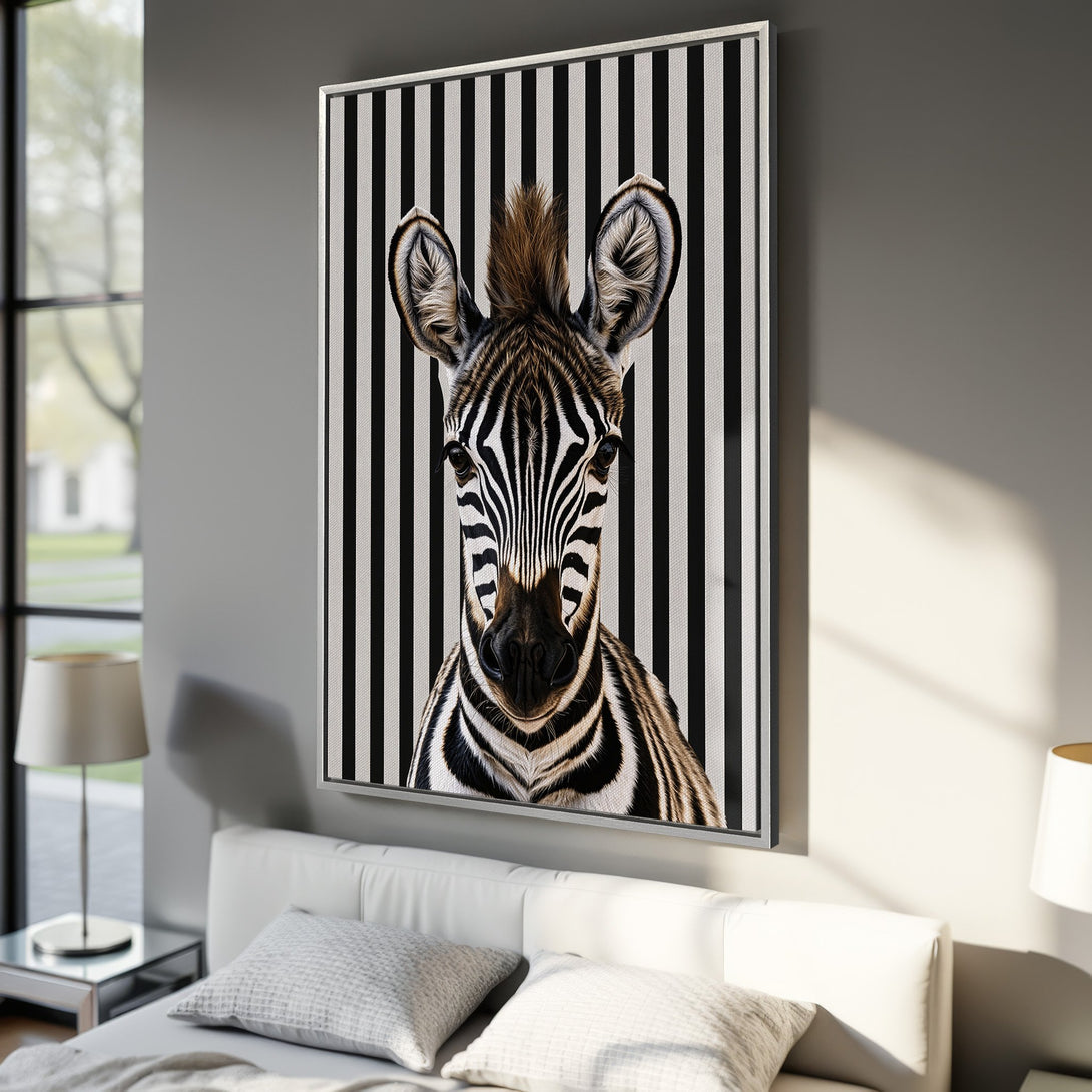 Framed Wall Art: Striking zebra portrait on a black and white striped background. Modern, bold design with neutral color palette, perfect for any room.