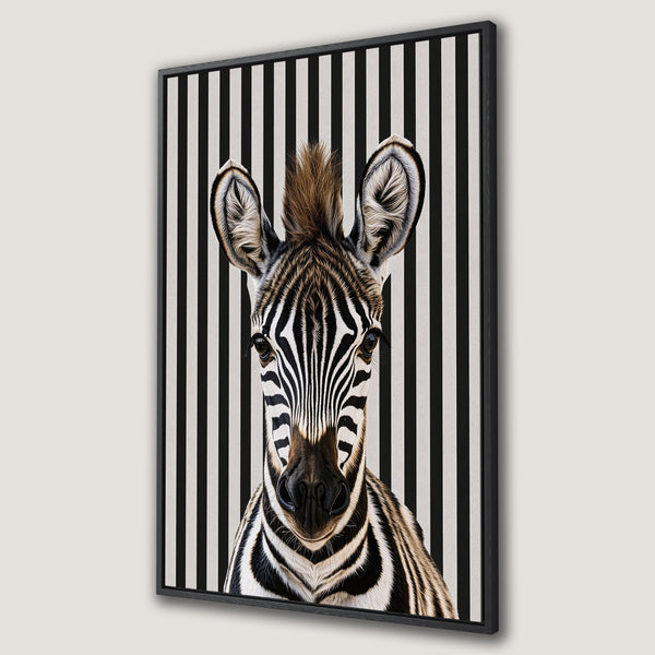 Framed Wall Art: Striking zebra portrait on a black and white striped background. Modern animal art with a neutral color palette, perfect for any room.