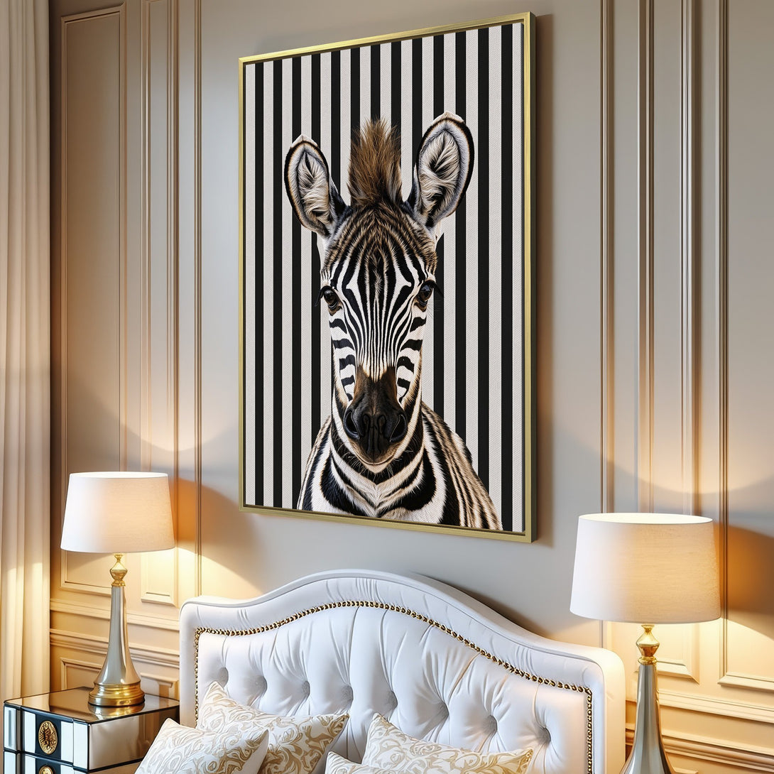 Canvas Print featuring a zebra portrait against a black and white striped background. Modern, minimalist art in neutral tones.