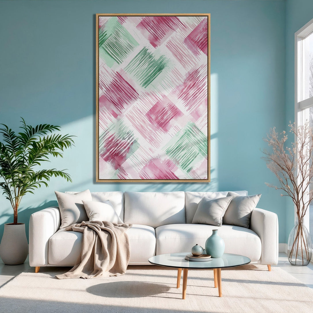 Framed Wall Art featuring abstract watercolor design in pink and green hues. Modern art for your living room.