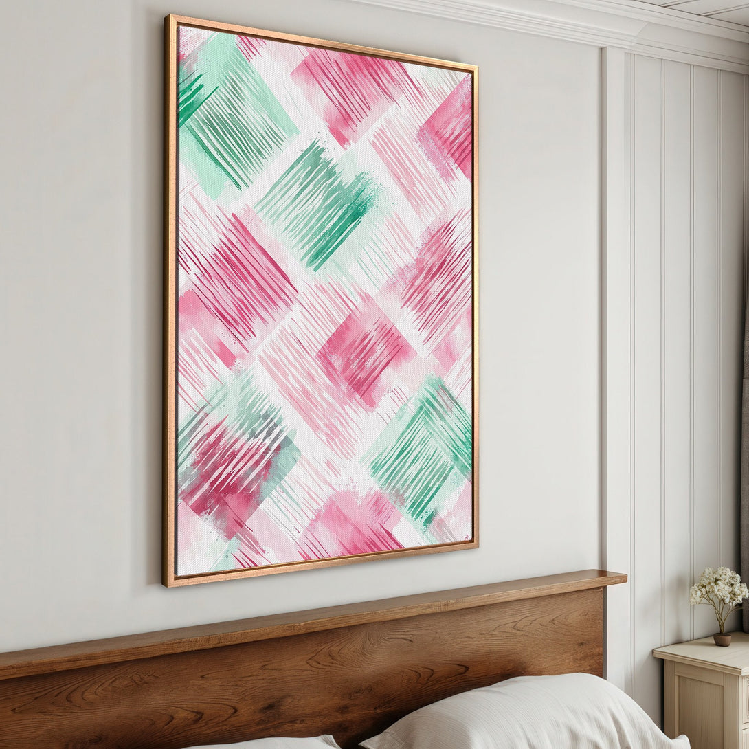 Framed Wall Art: Abstract pink & green brushstroke design. Modern Canvas Print adds a pop of color and style to any bedroom or living space.