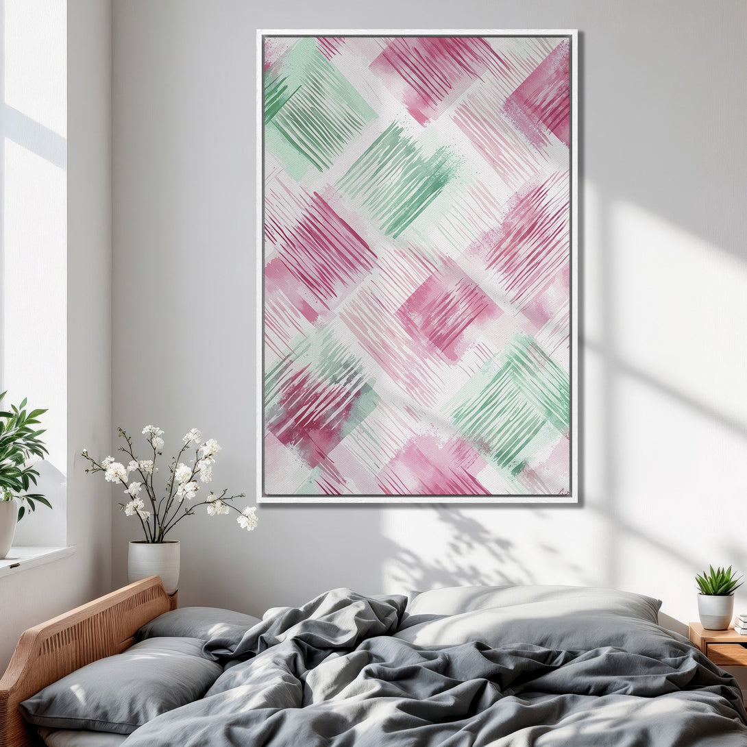 Framed Wall Art: Abstract watercolor design in pink and green hues. Modern canvas print adds a pop of color to any bedroom decor. Shop now!