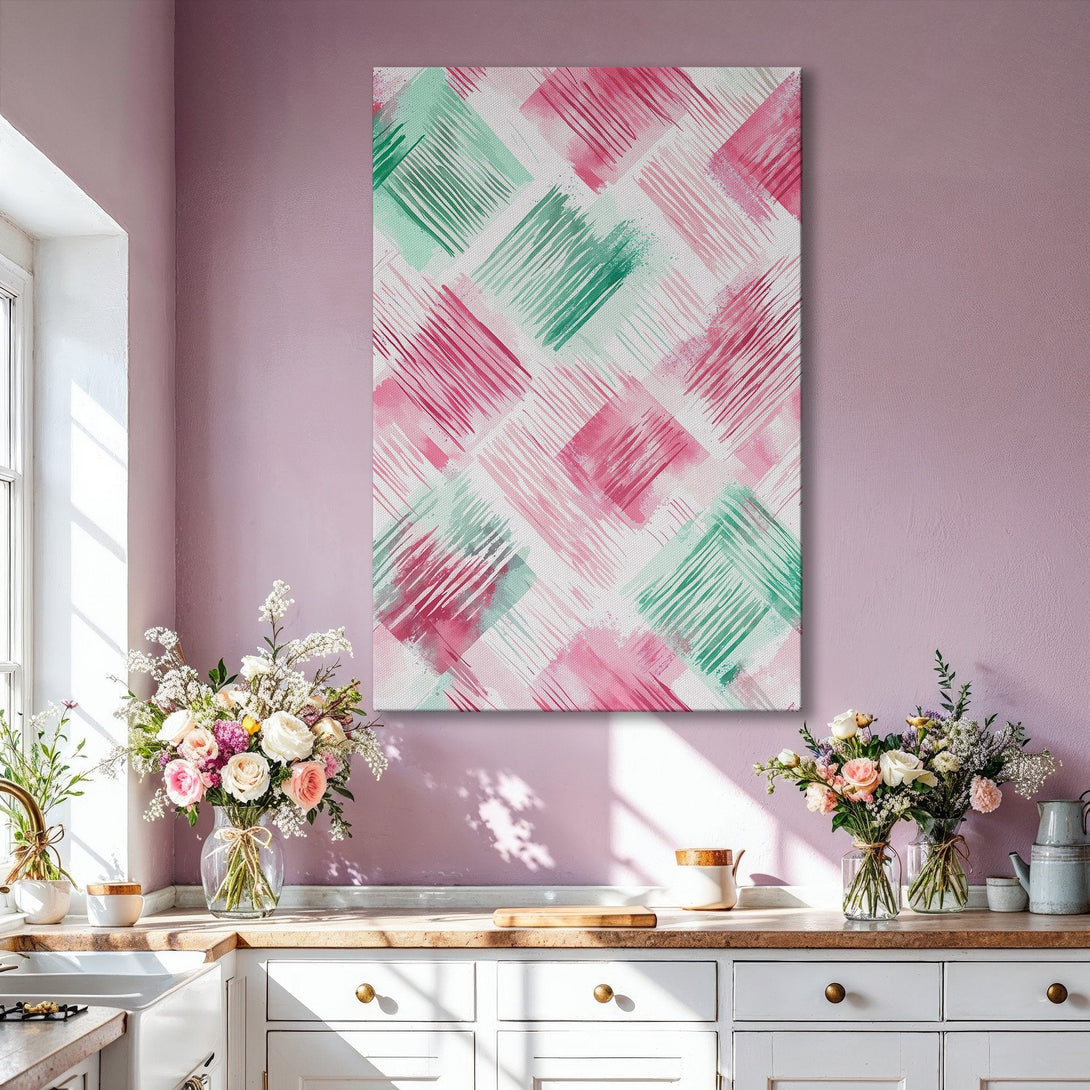 Framed Wall Art: Abstract pink & green brushstroke design. Modern art piece in a living room setting. Adds a pop of color to any space.