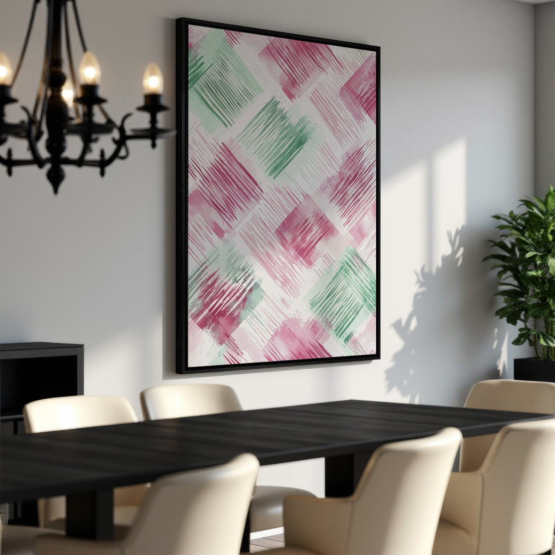 Framed Wall Art featuring abstract watercolor design in pink and green hues. Modern art for dining room decor, adds a pop of color and style.