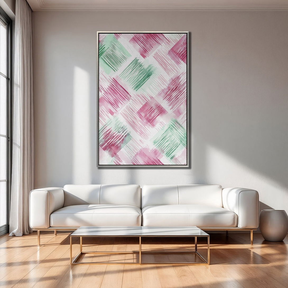 Framed Wall Art: Abstract watercolor pattern in pink and green. Modern decor for living room. Canvas Print adds a pop of color.