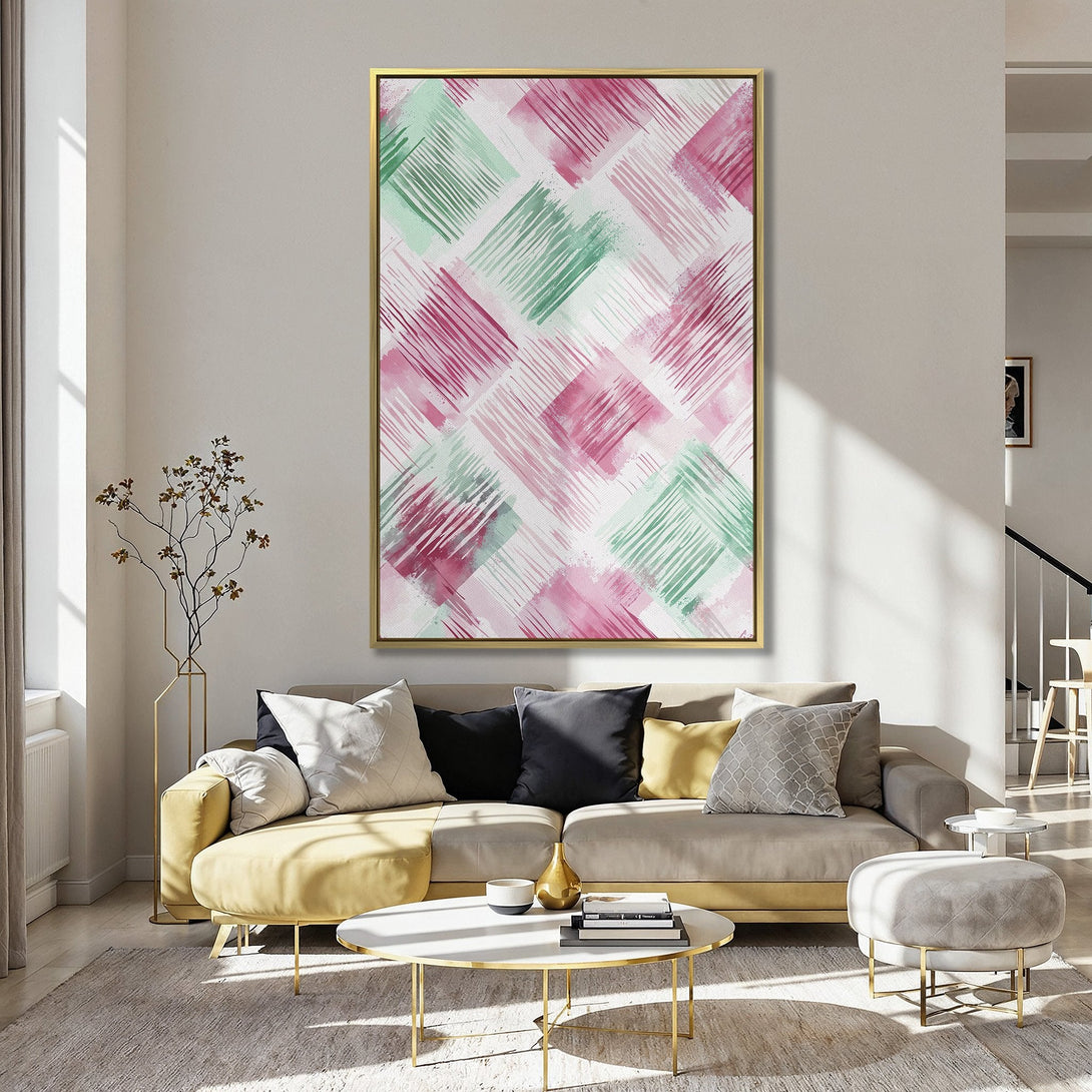 Abstract Canvas Print in pink and green, perfect for adding a pop of color to your kitchen decor. Modern wall art for a stylish home.