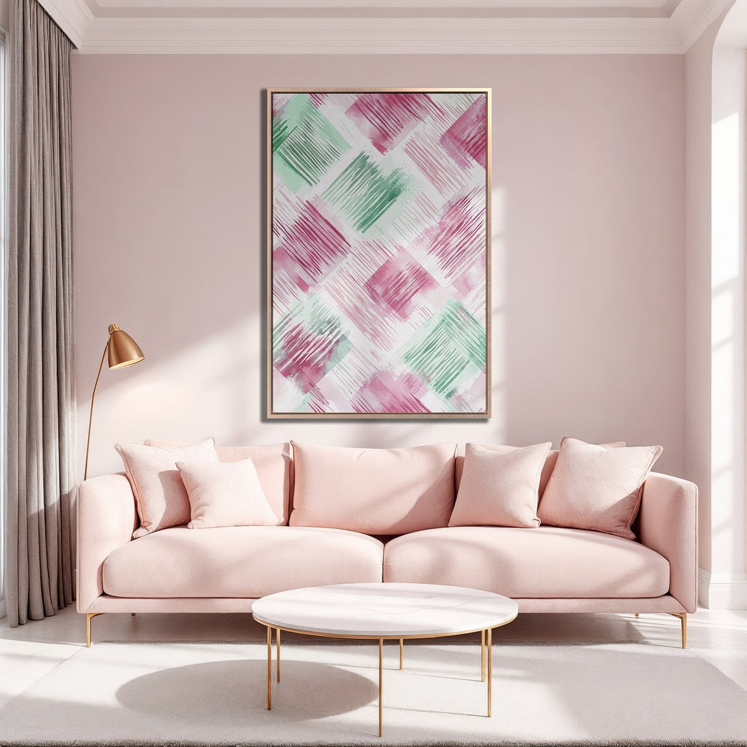 Framed Wall Art: Abstract pink & green brushstroke design. Modern art canvas print in a stylish living room with a blush color palette.