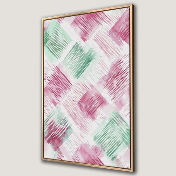 Framed Wall Art featuring an abstract watercolor design in pink and green hues. Perfect for adding a pop of color and modern style to any space.