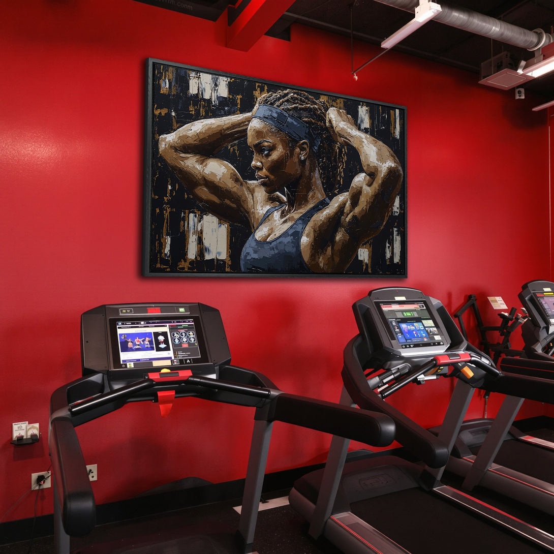 Framed Wall Art: Powerful Black woman portrait in a gym. Abstract style with brown, black, and gold tones. Adds a motivational vibe to any space.