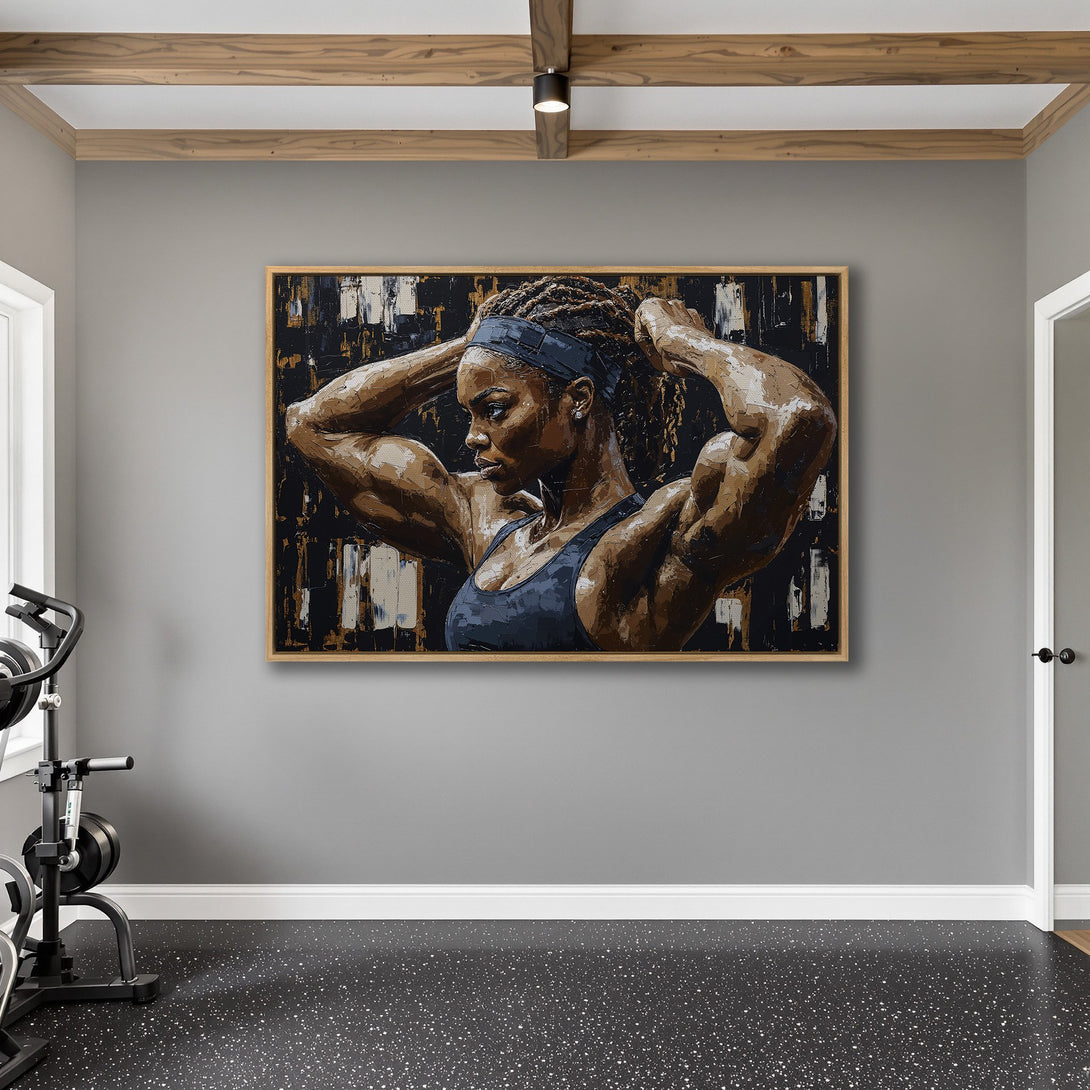 Framed Wall Art of a strong woman in a gym. Abstract style with a dark, neutral color palette. Perfect for home fitness spaces.