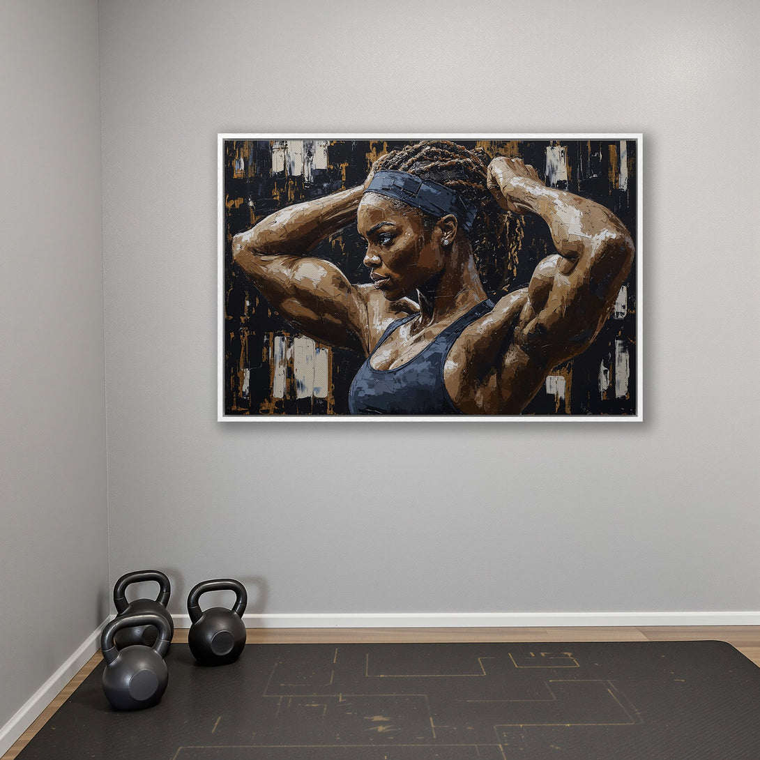 Framed Wall Art of a strong woman in a gym setting. Abstract style with a dark, earthy color palette. Perfect for fitness enthusiasts!