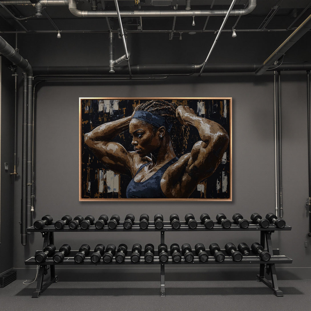 Framed Wall Art featuring a strong woman in a gym. Bold, expressive painting with a dark, earthy palette. Perfect for a modern, motivational space.