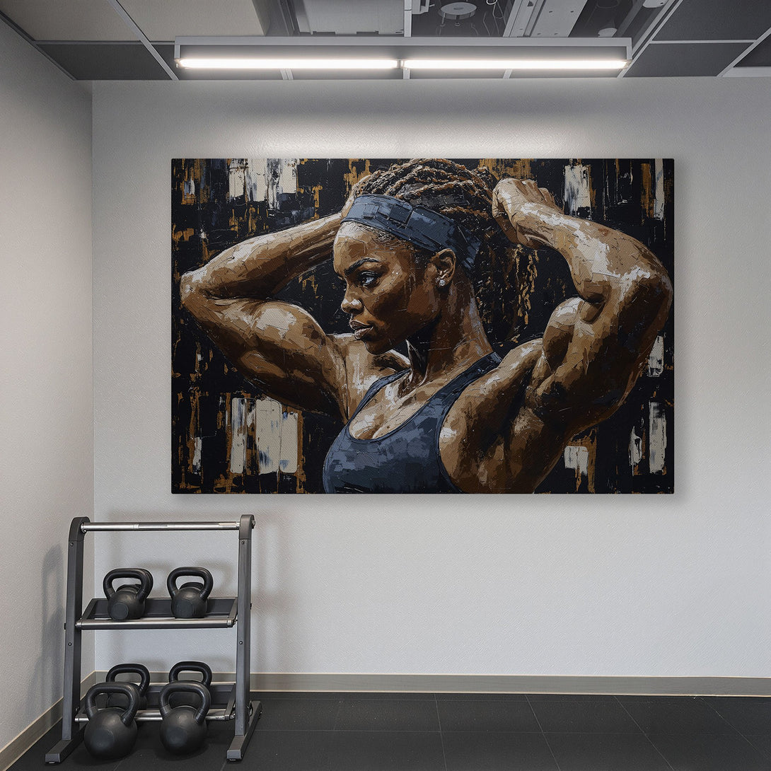 Framed Wall Art of a strong woman in a gym, with a brown, black, and blue color palette. Perfect for home gym decor!