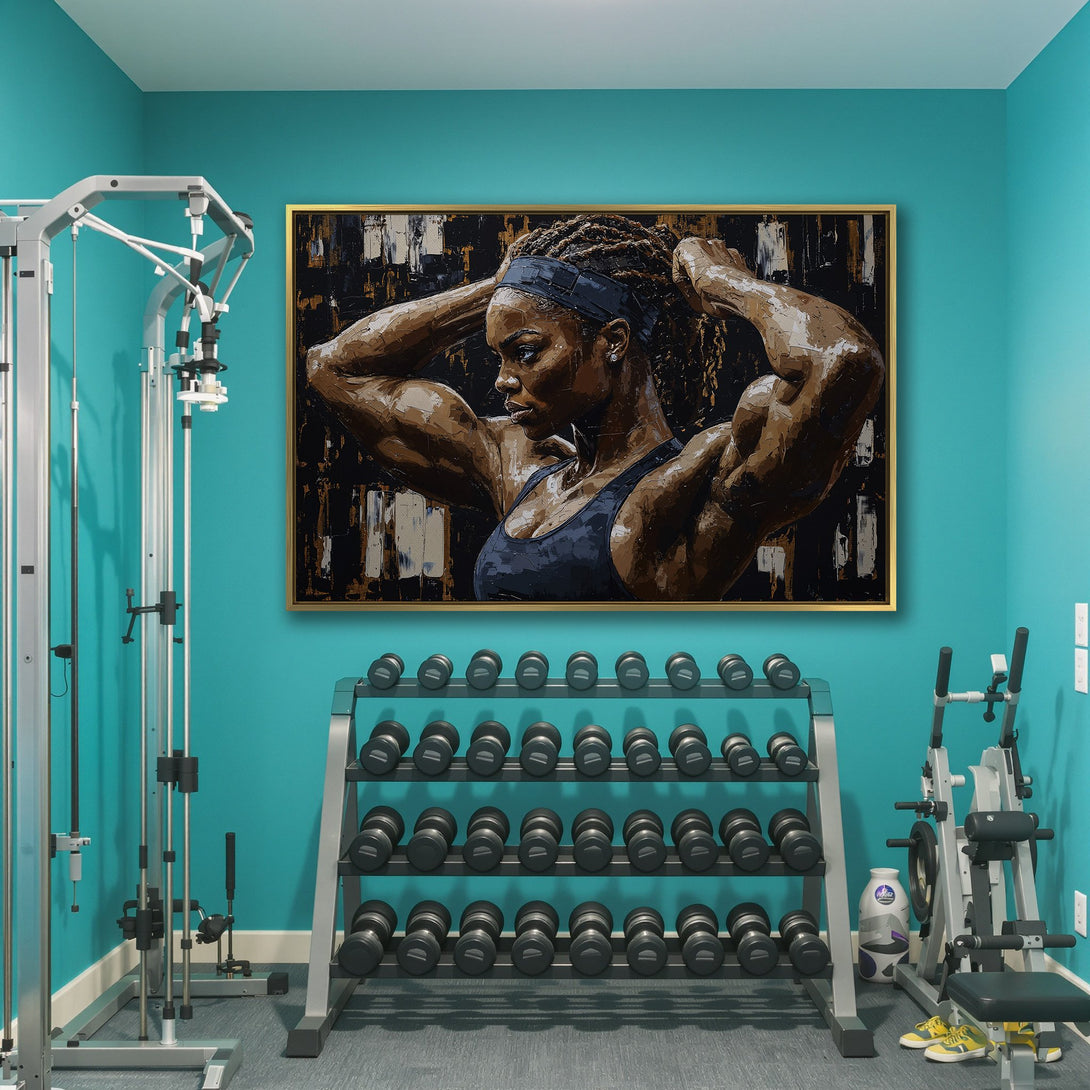 Canvas Print of a strong woman in a gym, showcasing a bold, textured style with a dark, earthy color palette. Perfect for fitness enthusiasts!