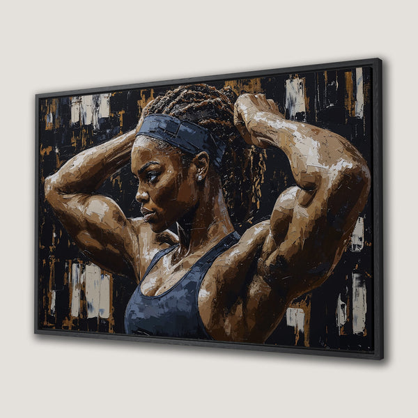 Framed Wall Art of a strong Black woman in a bold, textured style. Earthy tones with black and gold accents. Perfect for modern decor.