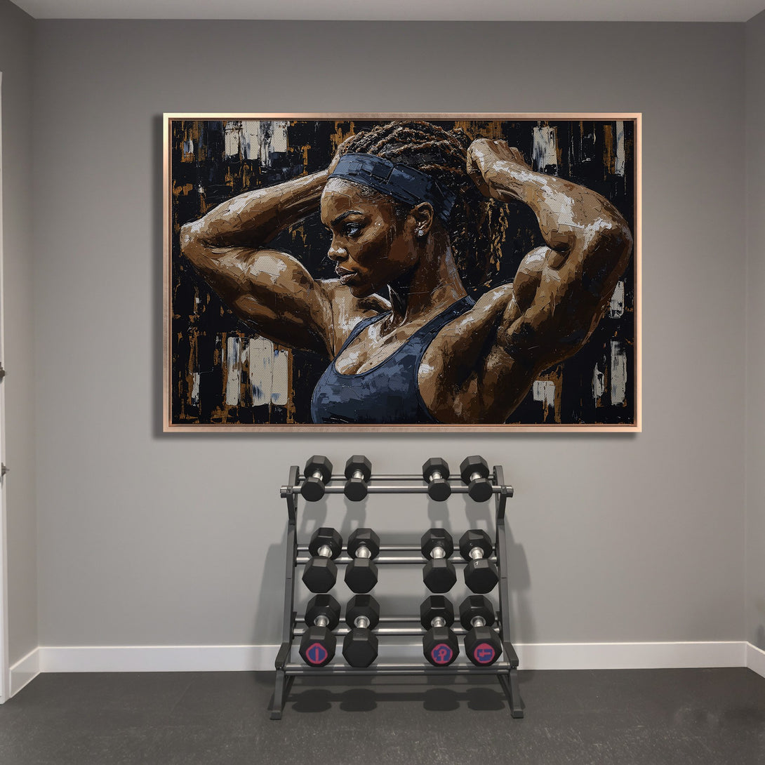 Framed Wall Art featuring a powerful Black woman. Abstract style with black, brown, and white tones. Perfect for a home gym or modern space.