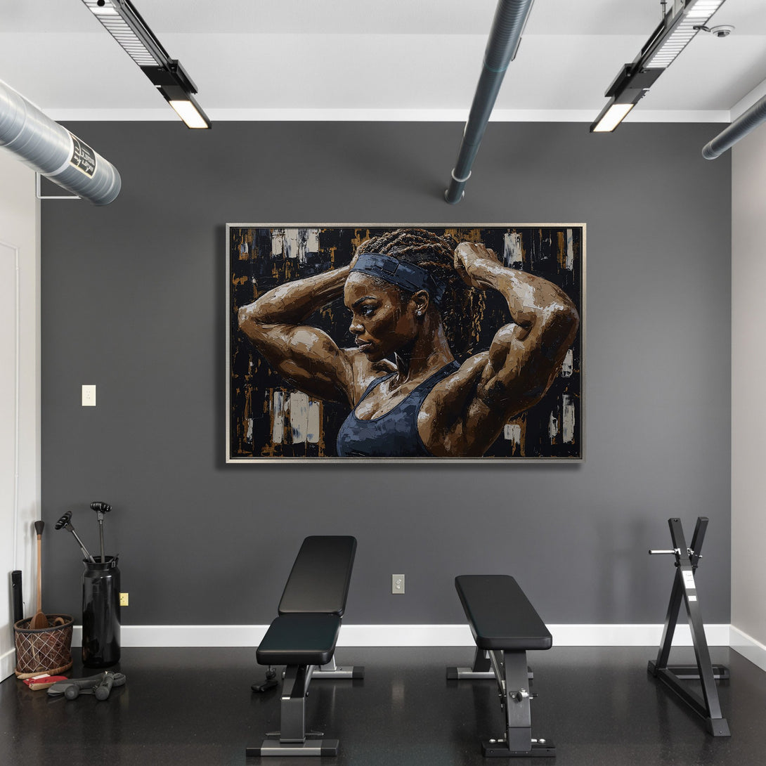 Framed Wall Art featuring a strong woman in a gym. Abstract style, earthy tones with black and gold accents. Elevate your space with this powerful canvas print.