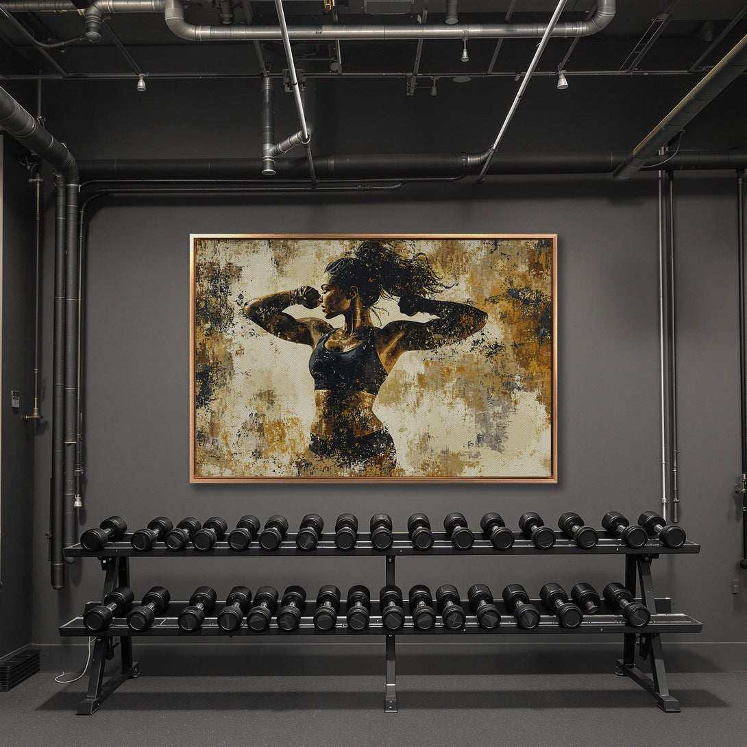 Framed Wall Art: Abstract fitness woman canvas print in a gym setting. Earthy tones with black accents. Perfect for home or gym decor.