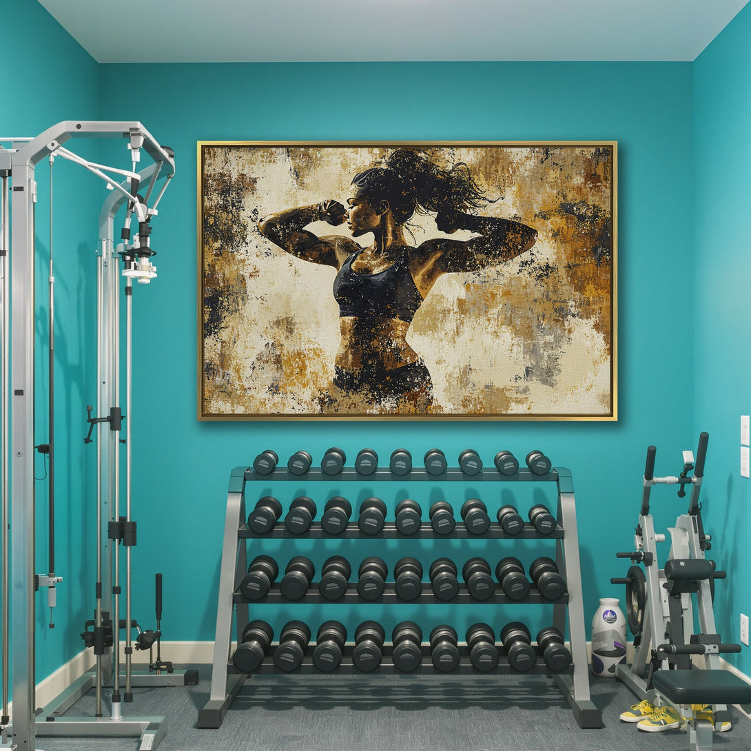 Canvas Print of a strong woman in a gym, abstract style. Features a warm, earthy color palette with black and gold accents. Perfect fitness decor!
