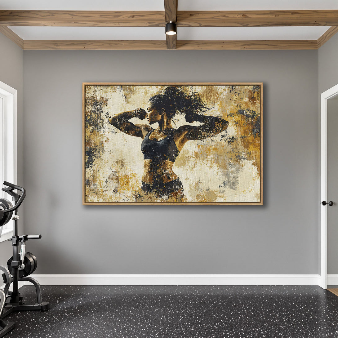Framed Wall Art featuring a powerful woman in an abstract style, with a warm, neutral color palette. Perfect for a gym or home decor.