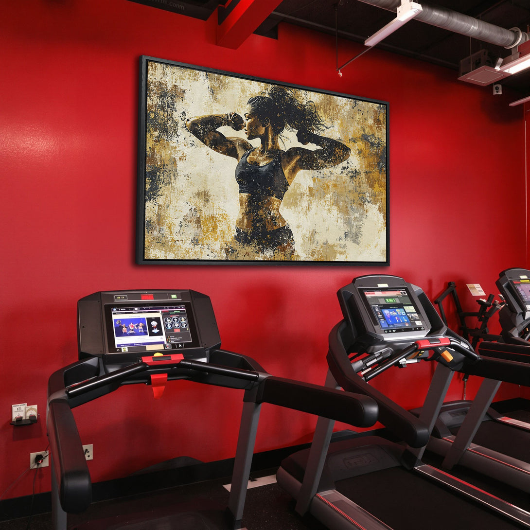 Framed Wall Art of a strong woman in a gym, abstract style with gold, black, and beige tones. Perfect for fitness enthusiasts!